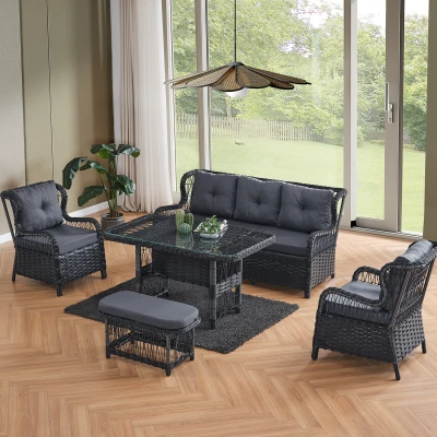 Paris Rattan Puflu Bahçe Balkon Takımı 3+1+1 Cam Masalı Antrasit