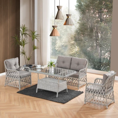 Roma Rattan Bahçe Balkon Takımı 2+1+1 Cam Masalı Gri