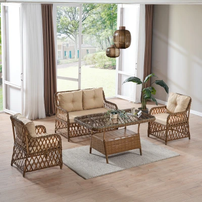 Roma Rattan Bahçe Balkon Takımı 2+1+1 Cam Masalı Kahve