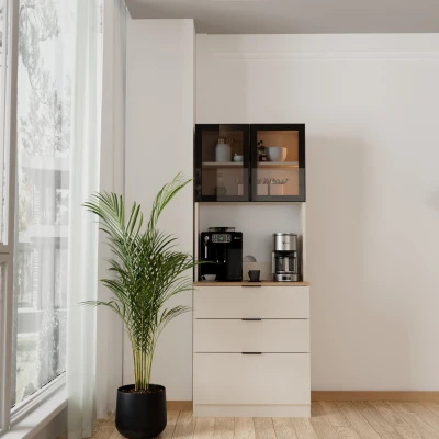 Sierra Temperli Cam Kapaklı Ledli Kahve Köşesi Mutfak Kiler Dolabı Vizon Çam