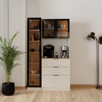 Sierra Temperli Cam 3 Kapaklı Ledli Kahve Köşesi Mutfak Kiler Dolabı Vizon Çam