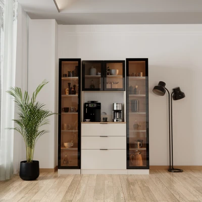 Sierra Temperli Cam 4 Kapaklı Ledli Kahve Köşesi Mutfak Kiler Dolabı Vizon Çam