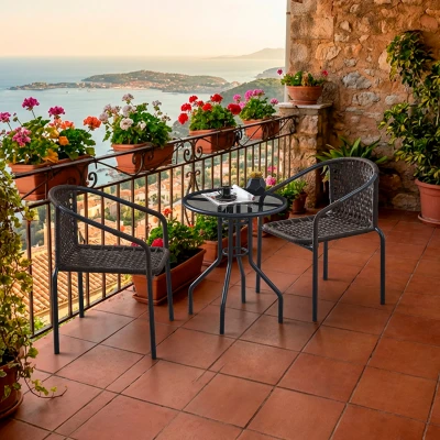 Bistro 2 Kişilik  Makrome Örgü Bahçe Balkon Oturma Seti Cam Masalı Siyah