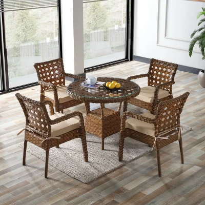 Ayaz 4 Kişilik Rattan Bahçe Balkon Mutfak Masa Takımı Kahve