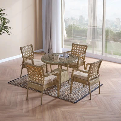 Ayaz 4 Kişilik Rattan Bahçe Balkon Mutfak Masa Takımı Cappuccino