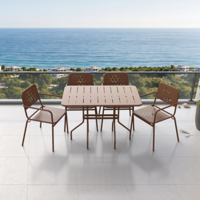 Delphin 4 Kişilik Metal Bahçe Balkon Mutfak Masa Takımı Kahverengi