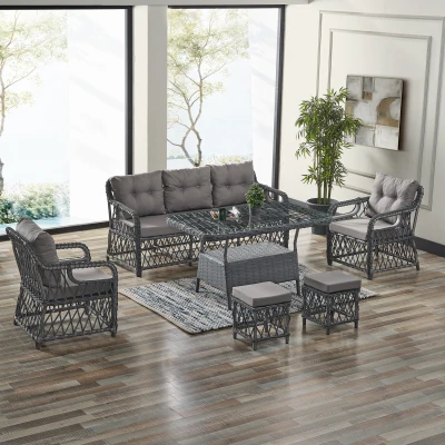 Edra Rattan Puflu Bahçe Balkon Takımı 3+1+1+Camlı Masa Gri