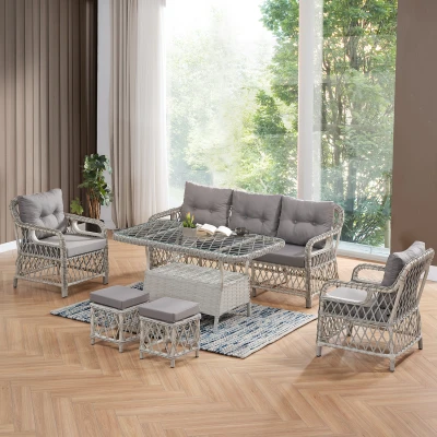 Edra Rattan Puflu Bahçe Balkon Takımı 3+1+1+Camlı Masa Kemik Rengi