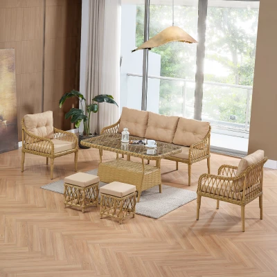 Joy Rattan Puflu Bahçe Balkon Takımı 3+1+1+Camlı Masa Cappuccino