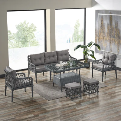 Joy Rattan Puflu Bahçe Balkon Takımı 3+1+1+ Camlı Masa Gri