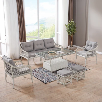 Joy Rattan Puflu Bahçe Balkon Takımı 3+1+1+ Camlı Masa Kemik Rengi