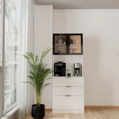 Sierra Temperli Cam Kapaklı Ledli Kahve Köşesi Mutfak Kiler Dolabı Beyaz