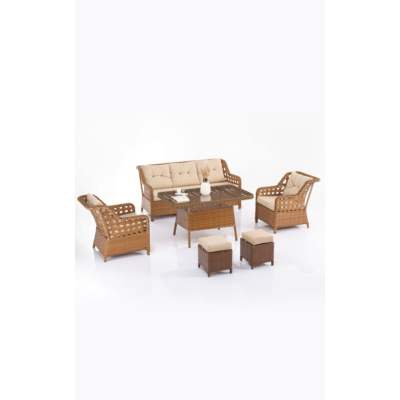 Eren Rattan Puflu Bahçe Balkon Takımı 3+1+1 Kahve
