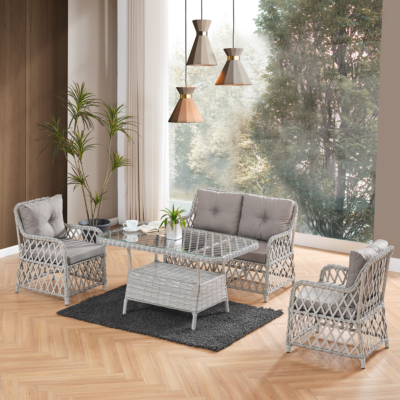Roma Rattan Bahçe Balkon Takımı 2+1+1 Cam Masalı Gri