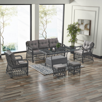 Edra Rattan Puflu Bahçe Balkon Takımı 3+1+1+Camlı Masa Gri