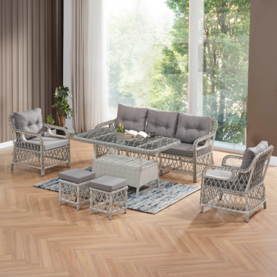 Edra Rattan Puflu Bahçe Balkon Takımı 3+1+1+Camlı Masa Kemik Rengi