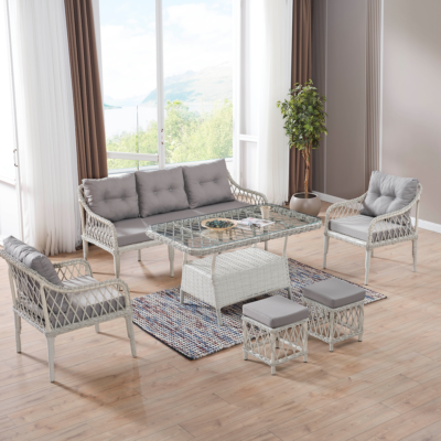 Joy Rattan Puflu Bahçe Balkon Takımı 3+1+1+ Camlı Masa Kemik Rengi