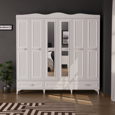 Luna 6 Kapaklı 3 Çekmeceli Aynalı Gardırop Beyaz
